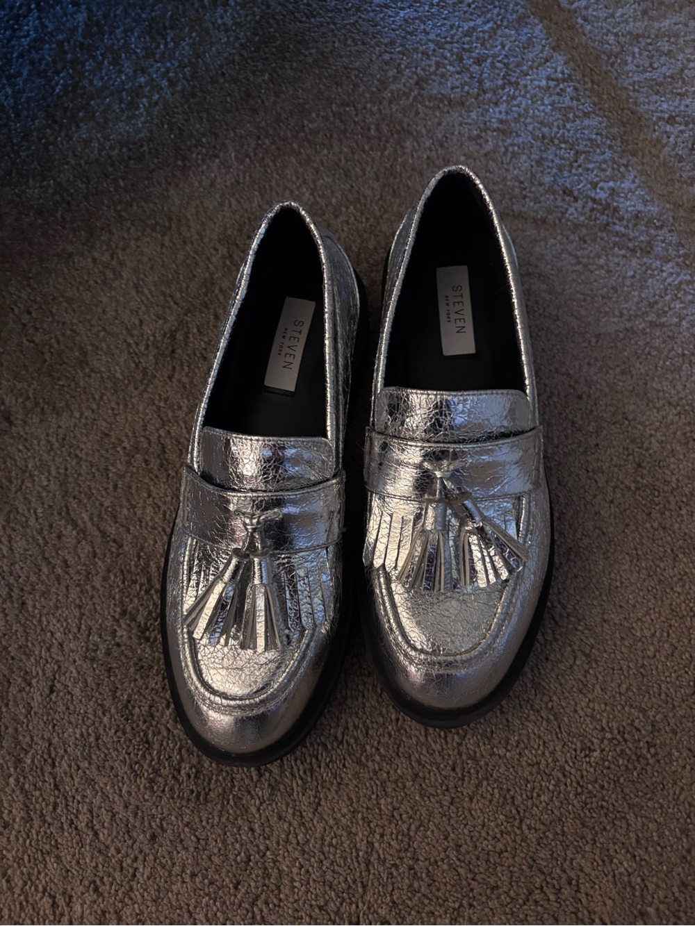 Steven By Steve Madden Silver Metallic Tassel Loafers